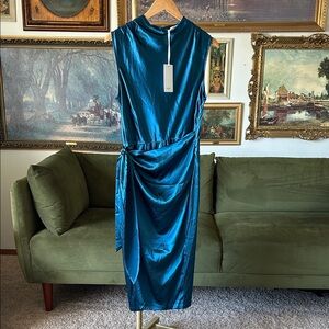 NWT Grace Karin Teal Satin Midi Dress with Side Tie